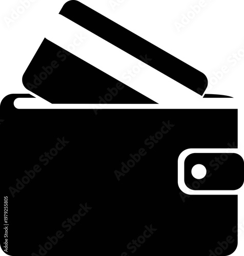 Black wallet with cards icon vector design featuring snap closure and inserted card for finance, payment, shopping, banking, security, identification, and money management graphics