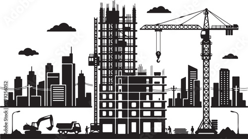 Minimalist Construction Site Silhouette with Tower Crane Vector Icon