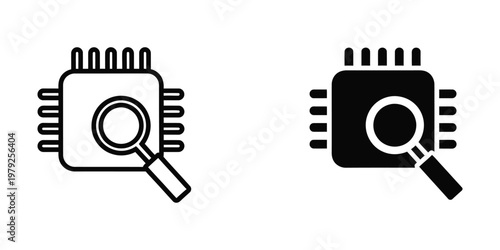 Contrast between a light and dark magnifying glass inspecting microchip icons