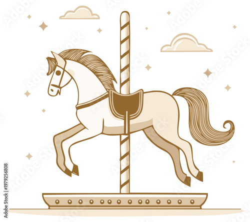 Carousel horse on pole illustration with ornamental design elements around for decorative purpose