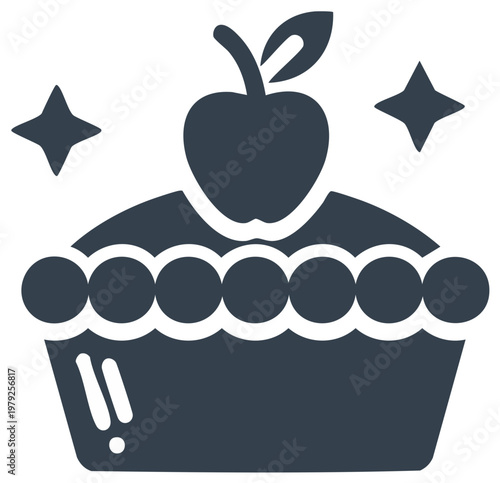 Delicious baked apple pie icon with decorative apple fruit and sparkling stars