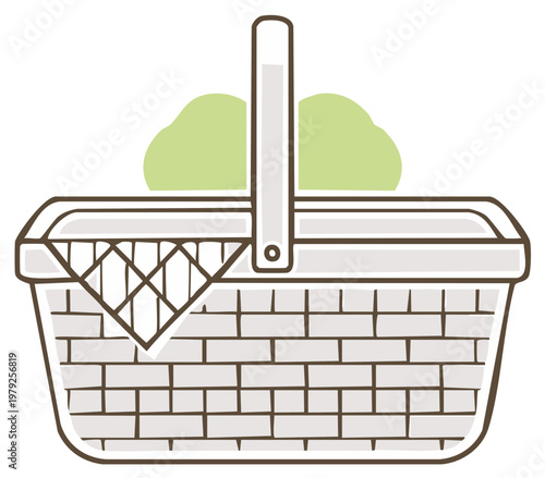 Wicker picnic basket graphic illustration with checkered napkin for outdoor dining, lunch, or summer celebrations