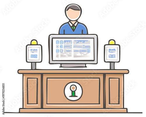Businessperson working at a modern reception desk with computer monitor and keyhole symbol