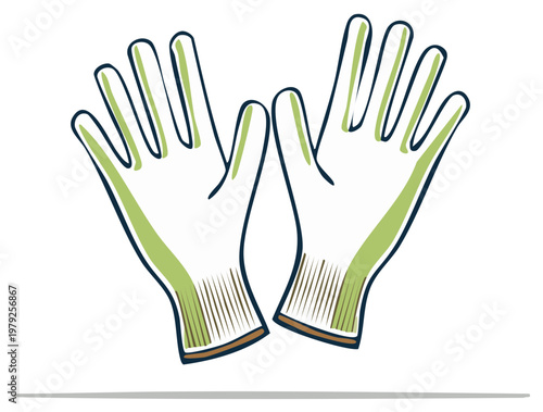 Stylized Illustration of Open Protective Gloves with Green Accents