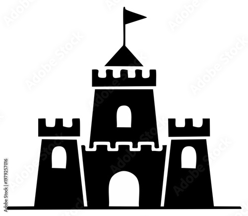 Black silhouette icon of a fairytale castle with multiple towers battlements archway and flag a symbol of fantasy and medieval royalty