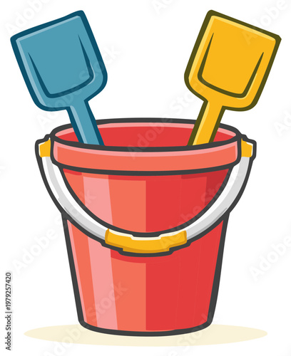 Vivid red bucket with toy shovels, embodying summer fun for beach days and childhood adventures