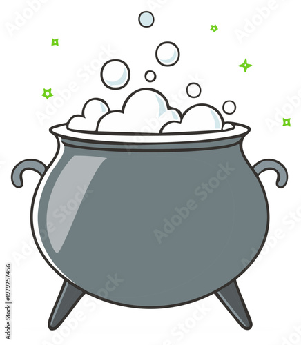 Halloween cartoon cauldron with bubbling magic potion and green sparks