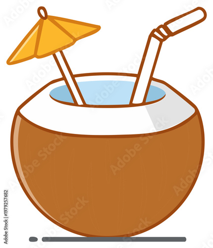 Tropical coconut cocktail illustration with drinking straw and paper umbrella for a beach vacation