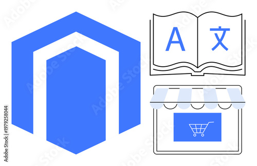 E-commerce, globalization, digital marketing, multilingual tools, online stores, product localization. Blue shield logo, open book with language icons storefront with cart symbol. E-commerce