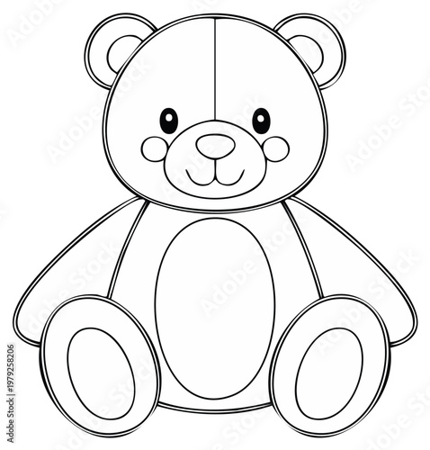 Black and white outline drawing of a cuddly teddy bear cartoon character.