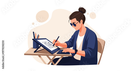 Graphic Designer Working on Digital Tablet with Stylus, Creative Professional at Desk