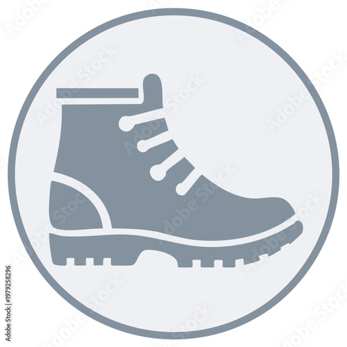 Grey hiking boot icon in circle for outdoor adventure travel and construction safety symbol