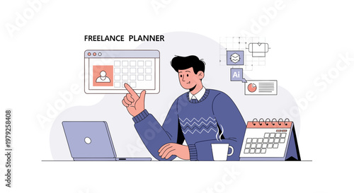 Freelancer planning work on laptop with calendar and digital planner