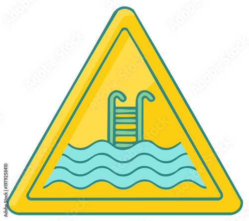 Swimming pool warning sign with ladder entry and water wave design featuring bright yellow triangle border illustration