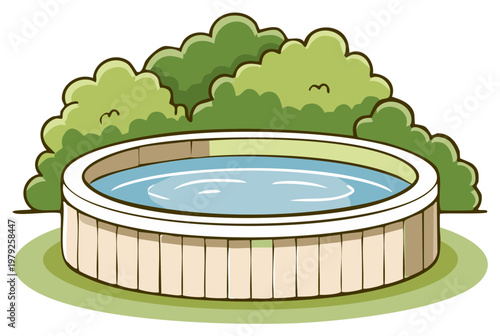 Outdoor hot tub with bubbling water surrounded by green bushes and grass in a backyard setting