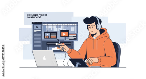 Freelance video editor working on project management software with laptop and tablet