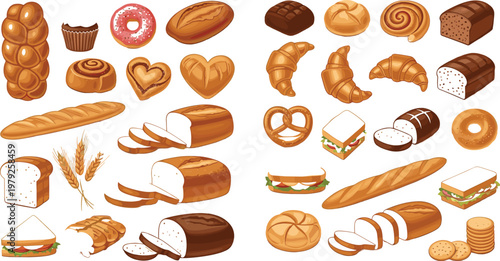 Collection of Various Baked Goods Including Bread, Pastries, Cookies, Donuts, and Sandwiches for Food and Bakery Designs