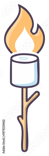 Sweet marshmallow candy being roasted over a bright campfire flame on a wooden stick cartoon