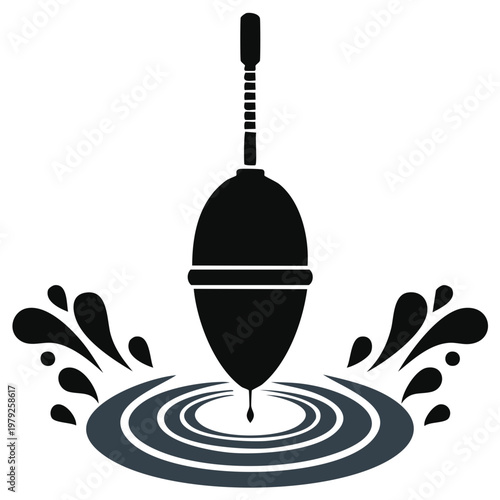 Fishing bobber floats on water creating ripples and splashes with its line