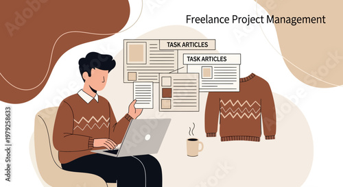 Freelance Project Management: Man working on laptop with tasks and sweater