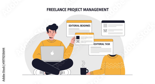 Freelance Project Management: Man working on laptop with tasks and deadlines