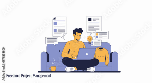Freelance Project Management: Man working on laptop on couch with documents and ideas