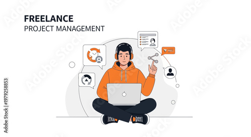 Freelance Project Management: Man with Laptop, Headphones, and Digital Icons