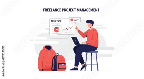 Freelance Project Management: Man with Laptop Analyzing Tasks and Charts