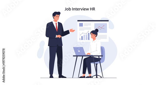 Job Interview HR: Man Presenting to Woman with Laptop and Charts