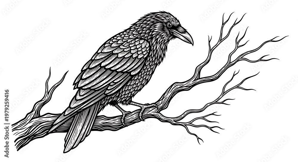 Fototapeta premium Raven perched on bare tree branch