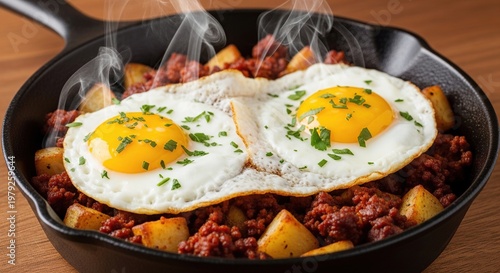 Fried Eggs with Hash Browns Skillet Meal.