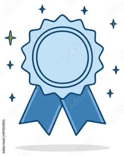 Ribbon rosette badge with stars icon for award or symbol of achievement, blue vector isolated.