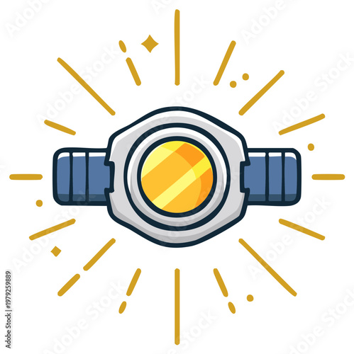 Shining headlamp cartoon icon with bright light beams for adventure and camping gear illustration
