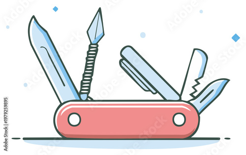 Red multi-tool with knife, spear, pen, and saw deployed, versatile utility illustration
