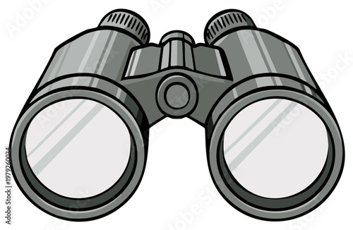 Detailed gray cartoon illustration of optical binoculars for vision and exploration