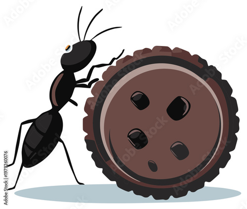 Strong cartoon ant pushing a giant chocolate chip cookie A funny illustration of a hardworking insect with food