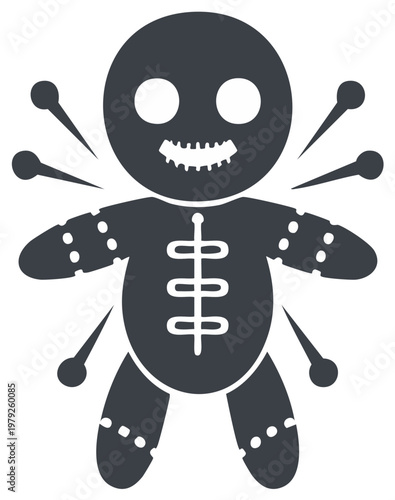 Creepy voodoo doll with needles poking out, eerie face and stitched body, spooky witchcraft practice