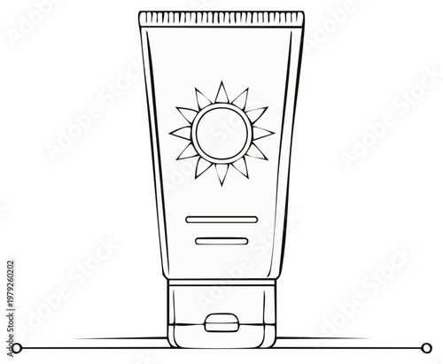 Line Art Sunscreen Tube Illustration with Sun Symbol for Summer Protection