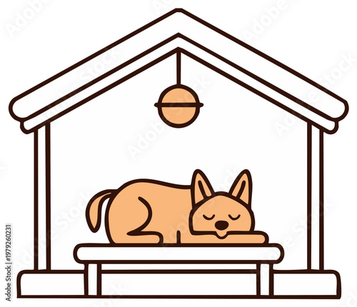 Peaceful dog sleeping deeply on its bed within a cozy warm dog house featuring a hanging lamp