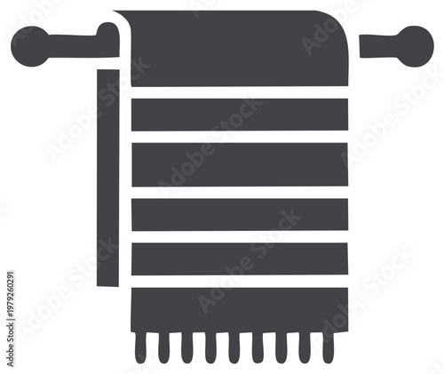 Minimalist striped towel with fringe hanging on a towel rack grey icon vector graphic