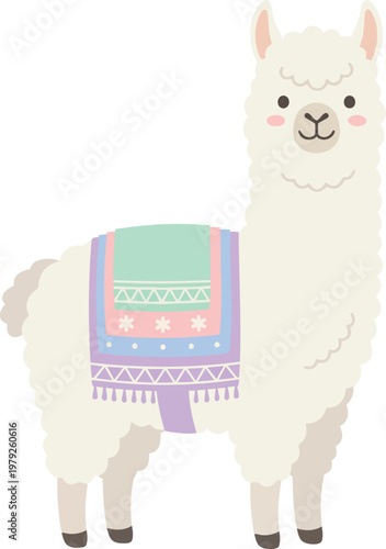 Cute cartoon llama wearing a colorful patterned blanket with illustration