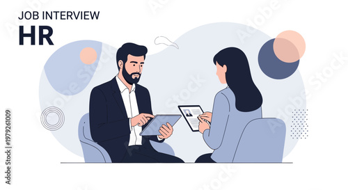 Job Interview HR: Man and Woman Discussing Resume on Tablets