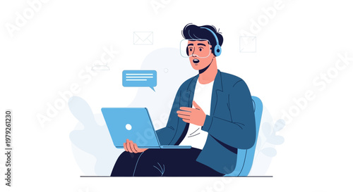 Man with Headphones and Laptop, Online Communication, Remote Work, Video Call