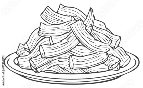 Pile of Hand Rolled Pasta Food Line Art Style on Round Plate Gourmet Illustration