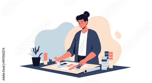 Graphic designer choosing colors, working on design project with color swatches and palette