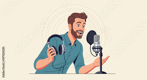 Man with headphones and microphone, podcasting, voice recording, broadcasting, content creation