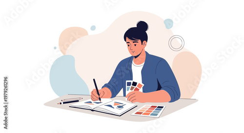 Graphic designer working on a project with color palettes and sketches