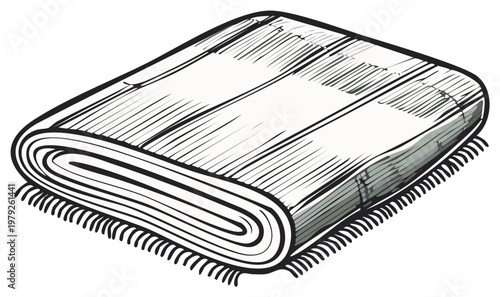 Folded Soft Blanket with Fringes Hand-Drawn Sketch Style Illustration for Warmth and Comfort