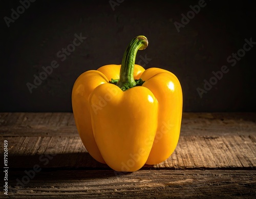 Yellow bell pepper on rustic wood, dark background