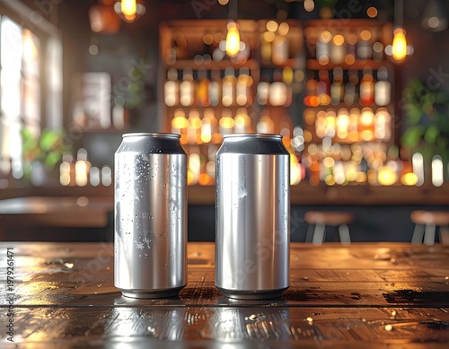 Two silver cans on a wet bar, pub background blurred